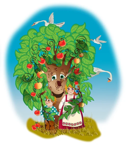 Oğlan ve kız bir elma ağacı altında — Stok fotoğraf