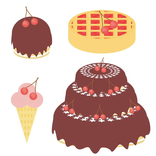 樱桃蛋糕、 糕点、 冰淇淋 — 图库矢量图片