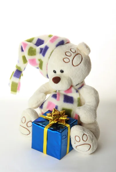 Плюшевый медведь с подарком — стоковое фото