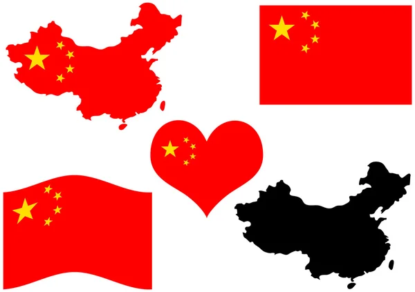 แผนที่จีนที่มีธงและหัวใจ — ภาพเวกเตอร์สต็อก