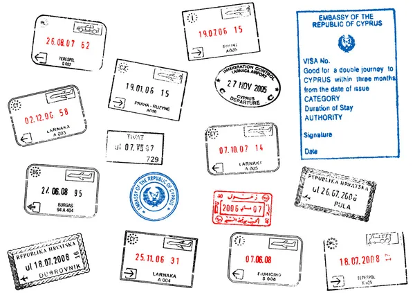 Set med olika pass visum frimärken — Stock vektor