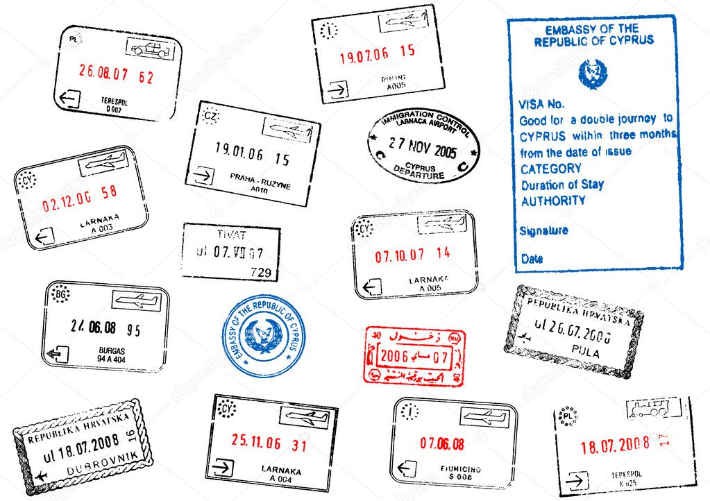 Set of different passport visa stamps