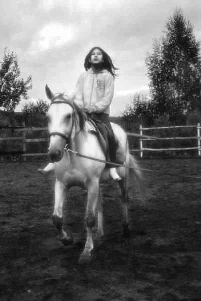 Όμορφο κορίτσι αγκαλιάζει ένα άλογο — Φωτογραφία Αρχείου