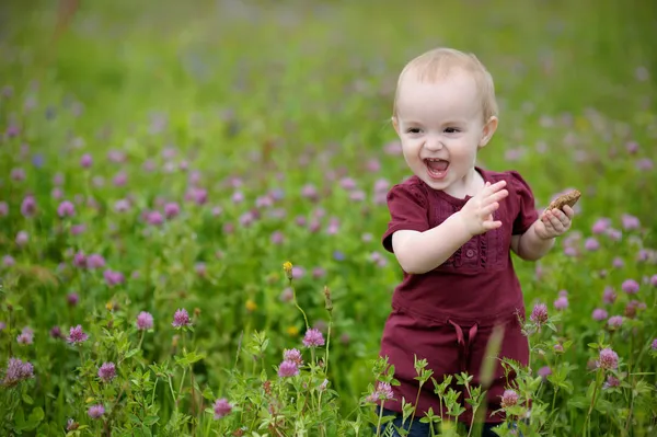 Mutlu küçük bebeği bir çayırda — Stok fotoğraf