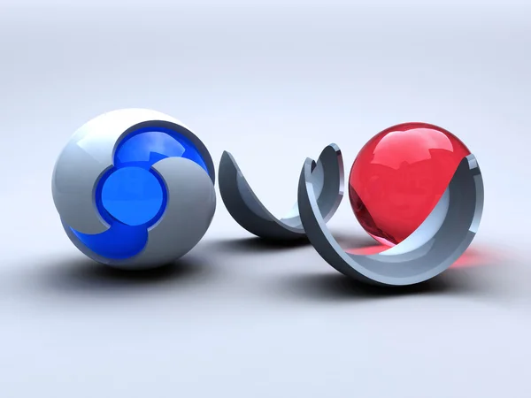 Modré abstraktní koule a rozbité červené abst — Stock fotografie