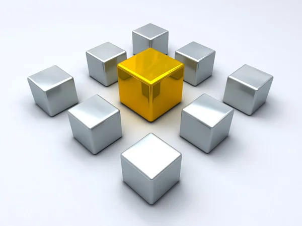 Золотой куб, окруженный стальными кубиками — стоковое фото