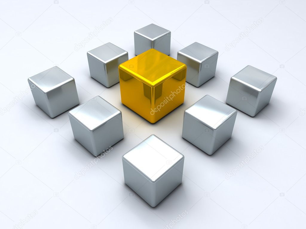 Gold cube encircled by steel cubes — Stock Photo © MONARX3D 1168429