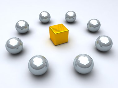 Golden cube encircled by steel boxes clipart