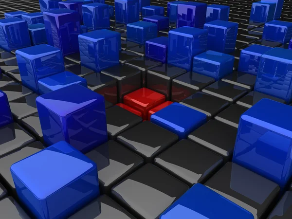 Muchas cajas altas azules y agujero rojo (gris ) — Foto de Stock