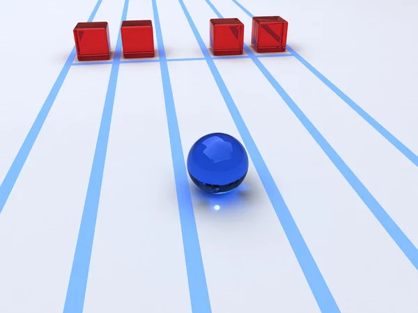 Cubos vermelhos e competição esfera azul — Fotografia de Stock