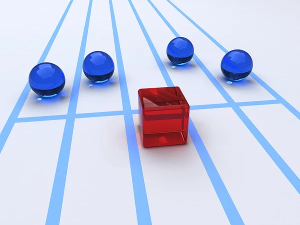 Blauwe bollen en rode cube competitie — Stockfoto