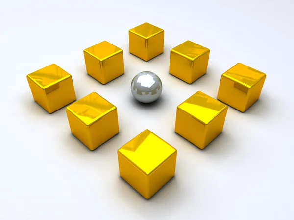 黄金のキューブに囲まれた鋼球 — ストック写真