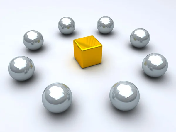 Golden cube encircled by steel boxes — Stock Photo, Image