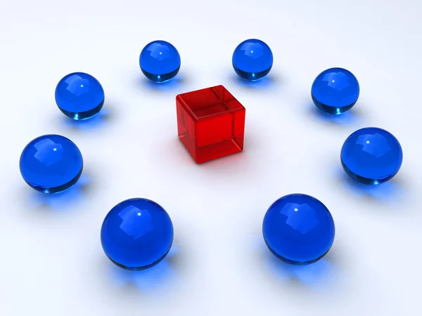 Cubo cercado por esferas — Fotografia de Stock