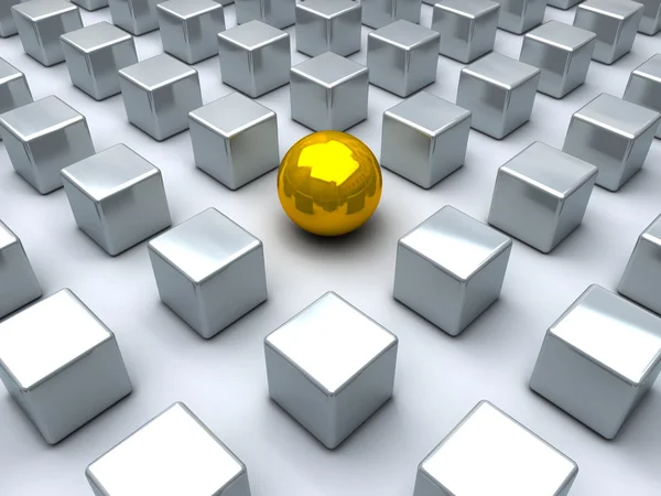 Golden sphere and many steel cubes — Stock Photo, Image
