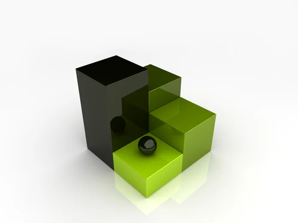 Groene balken en kleine zwarte bol. — Stockfoto