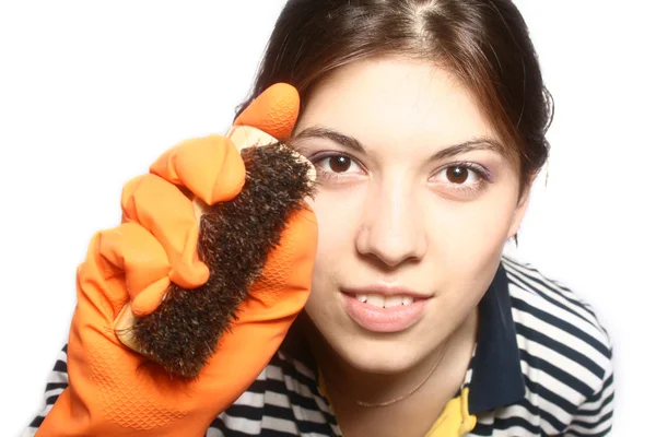 Портрет чистящего средства в резиновых перчатках — стоковое фото