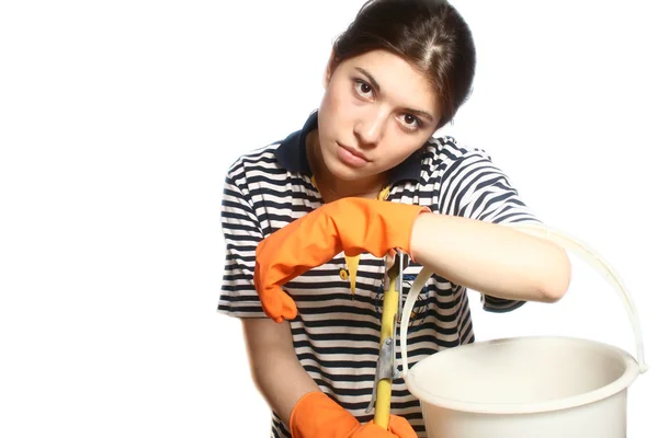 Portret Cleaner w rękawice gumowe — Zdjęcie stockowe
