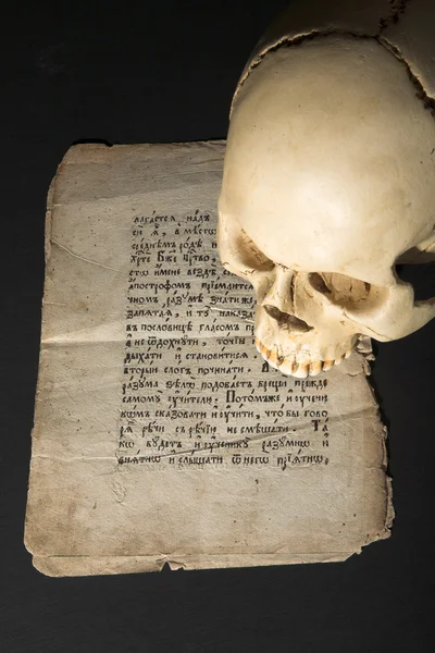 颅骨和古老的手稿 — 图库照片