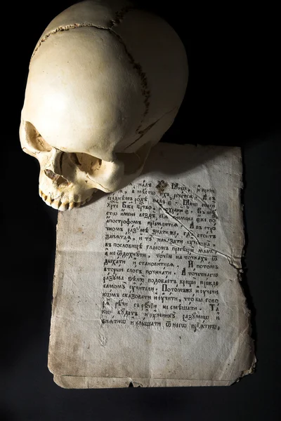 Cranio e vecchio manoscritto — Foto Stock