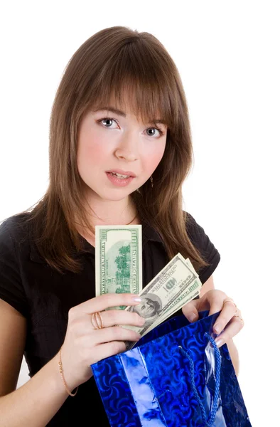 Girl with blue paper bag — Stock Photo, Image