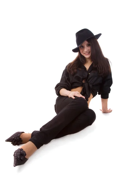 Lány fekete kalapban — Stock Fotó