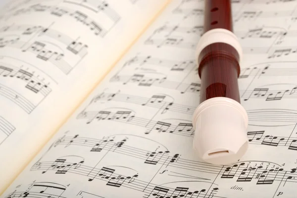 Flauta en hoja musical —  Fotos de Stock