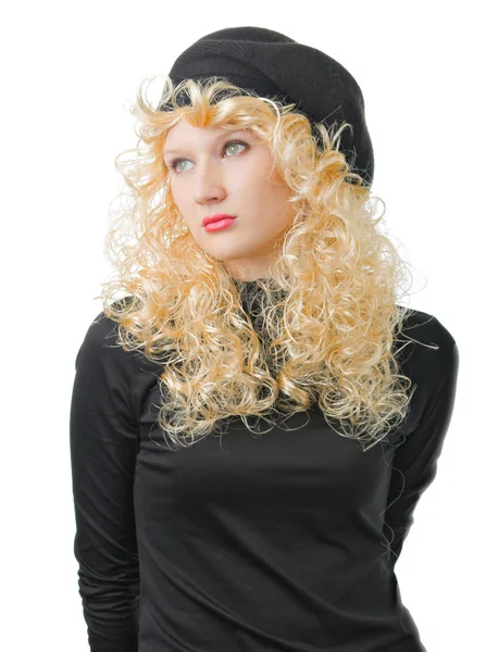 Blonde is in a black cap — Stock Photo, Image