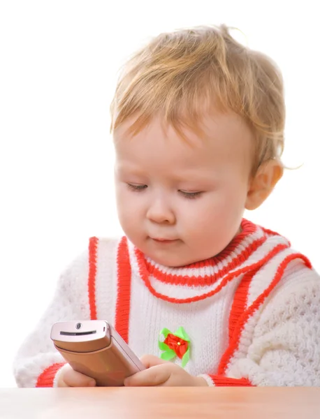 Kid with a smartphone on white — Stock Photo, Image