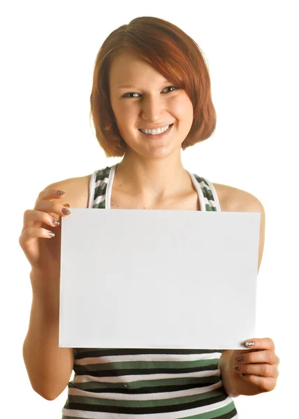 Girl with paper sheet — Zdjęcie stockowe