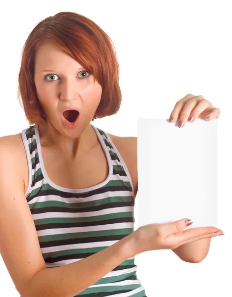 Girl with a sheet of advertising — Stock Photo, Image
