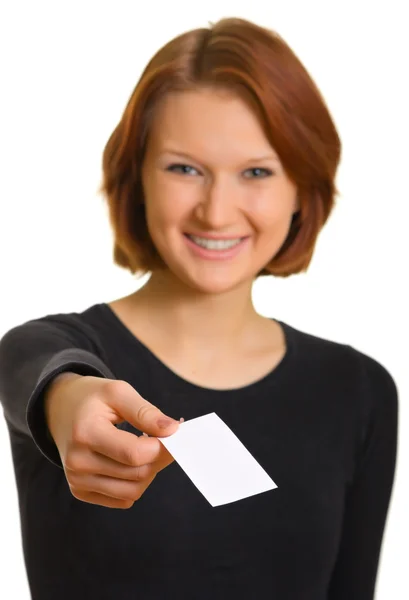 Girl with a business card — Stock Photo, Image