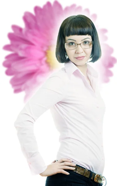 Dívka s brýlemi a květina — Stock fotografie
