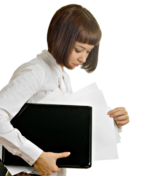 Meisje met laptop op witte achtergrond — Stockfoto