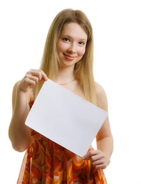 Menina em um vestido com uma folha de papel — Fotografia de Stock