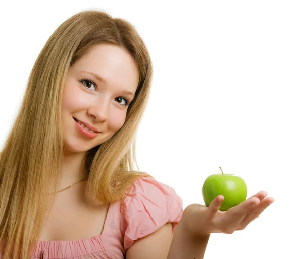 Girl with a green apple in her hand — Stock Photo, Image