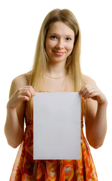 Girl with paper sheet — Zdjęcie stockowe