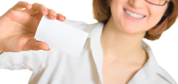 Women in white with a business card — Stock Photo, Image