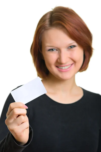 Women in black with a business card — Stock Photo, Image