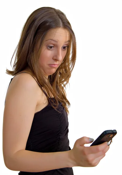 Undrar kvinna med telefonen — Stockfoto