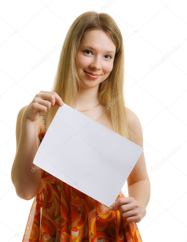Girl in a dress with a sheet of paper