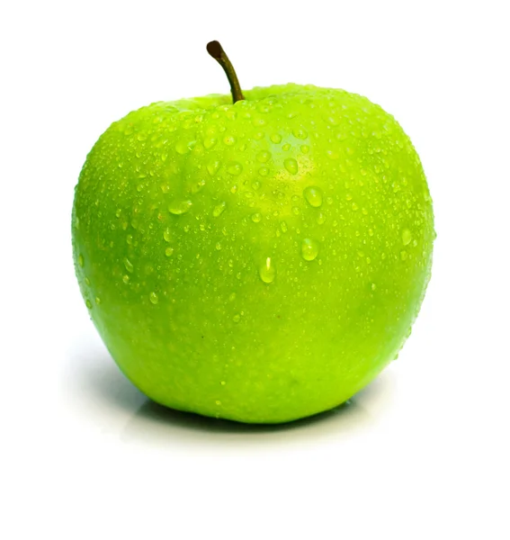 Wet ripe green apple with drops — Stock Photo, Image