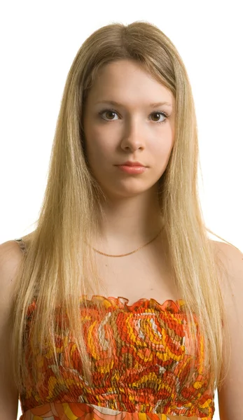 Beautiful girl with long hair on white — Stock Photo, Image