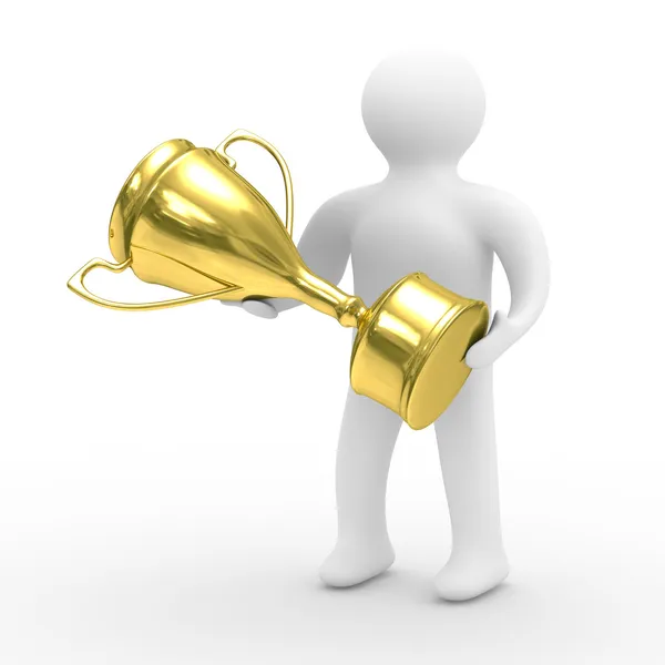 Winner with gold cup on white background — Stock Photo, Image