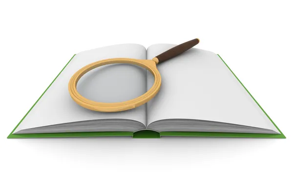 Open book and magnifying glass on white — Stock Photo, Image