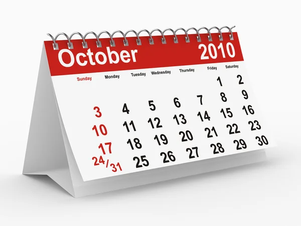 2010 year calendar. October. Isolated 3D — Stock Photo, Image