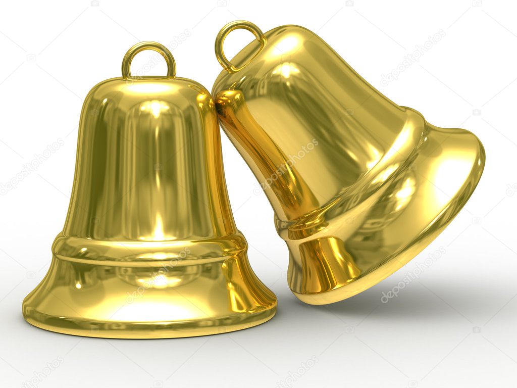 Two gold hand bell on white background.