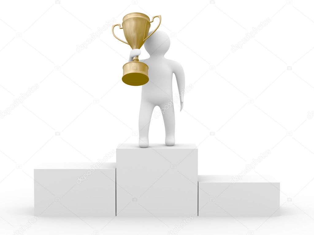 Winner with gold cup on white background