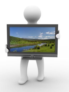 TV and man on white background. Isolated clipart