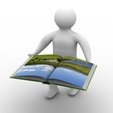 Man holds open book on white background. clipart